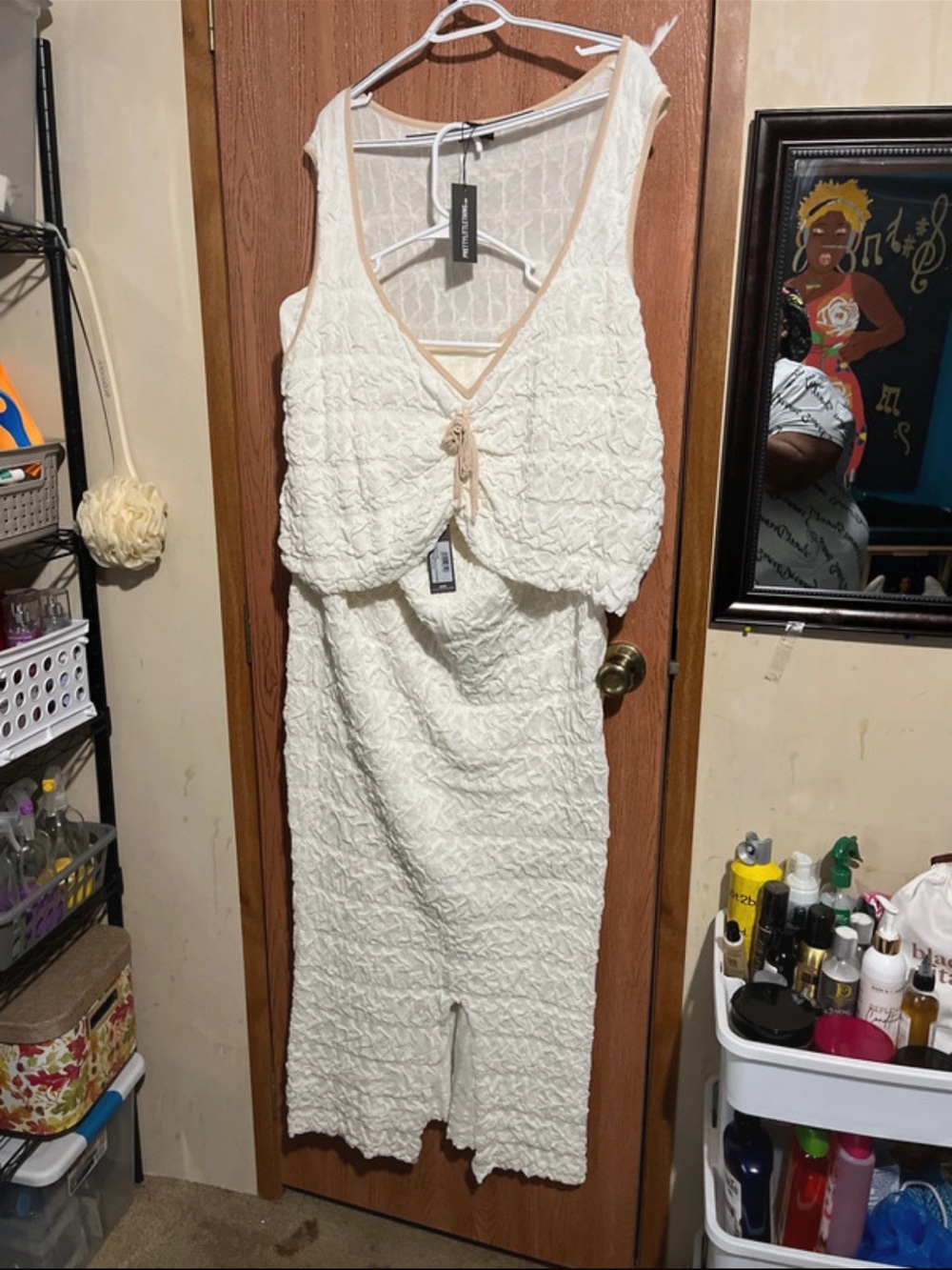 Women’s Cream Textured skirt and blouse with Tie Front
